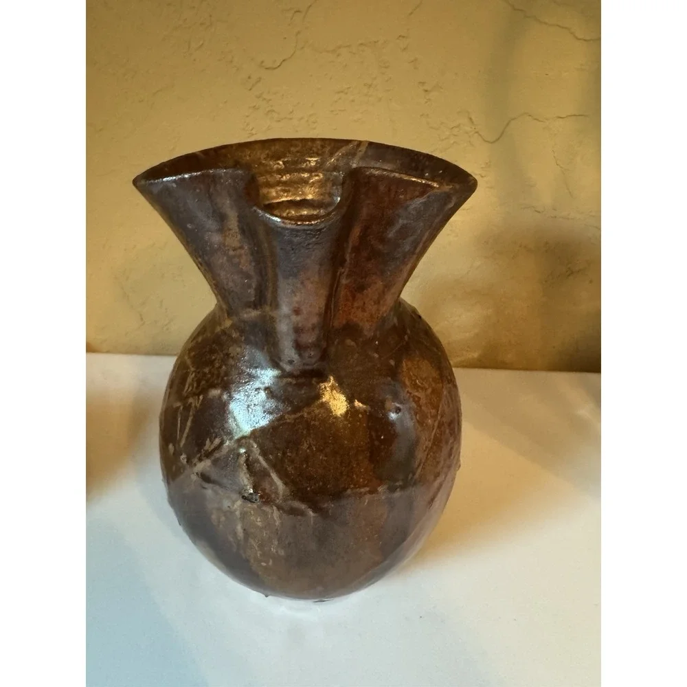 Vintage Studio Pottery Pitcher Hand Thrown Faceted Brown Glaze Art Jug Rustic